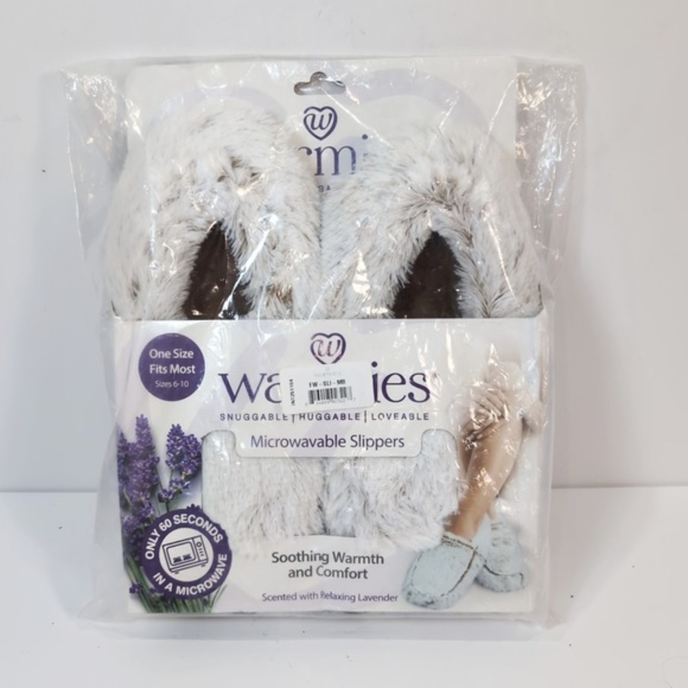 Warmies Microwavable Warming Slippers White Brown Faux Fur Fits‎ Size 6 - 10 New